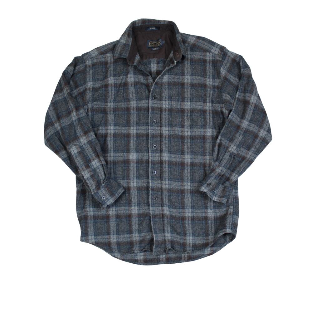 Pendleton Shadow Plaid Shirt Mens Medium Wool Blue Gray Button Front Outdoor